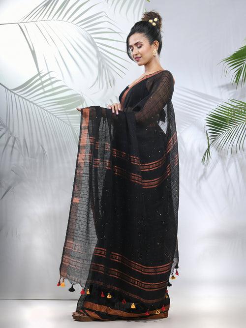 Black Linen Saree With Sequined Work In Stripes