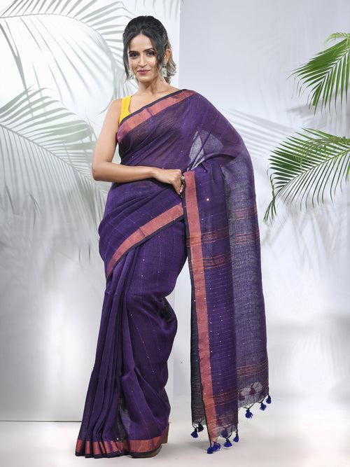 Lilac Linen Saree With Sequined Work In Stripes