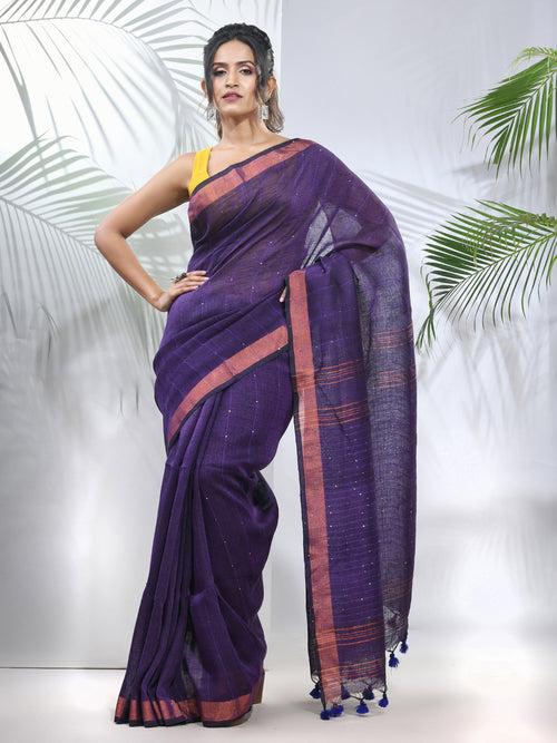 Lilac Linen Saree With Sequined Work In Stripes