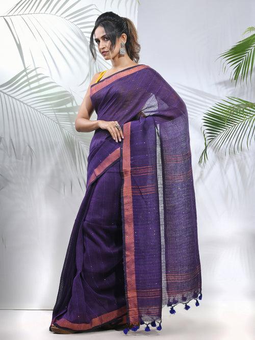 Lilac Linen Saree With Sequined Work In Stripes