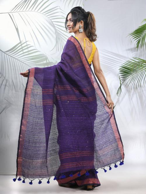 Lilac Linen Saree With Sequined Work In Stripes