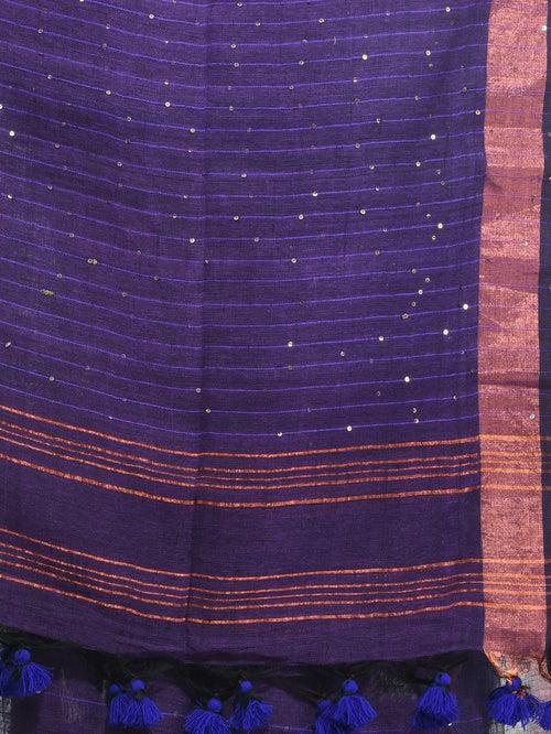 Lilac Linen Saree With Sequined Work In Stripes