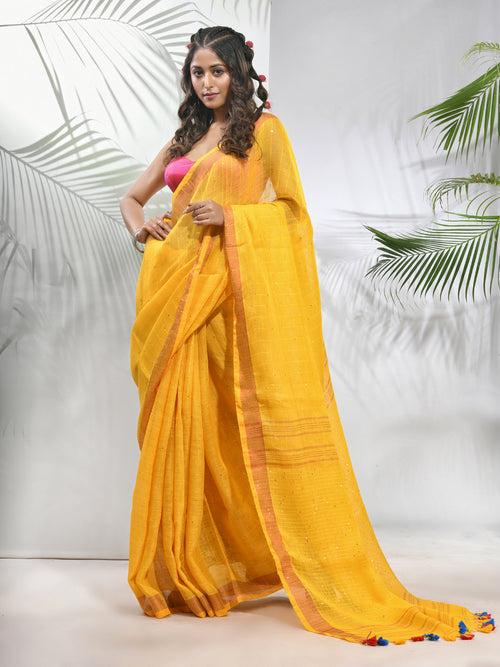 Yellow Linen Saree With Sequined Work In Stripes