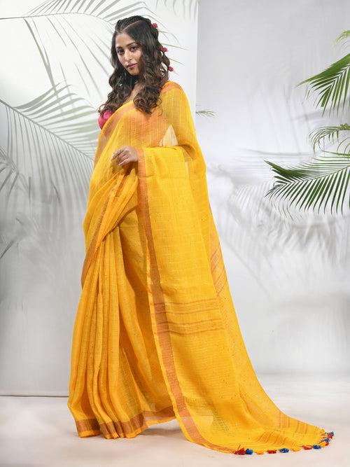 Yellow Linen Saree With Sequined Work In Stripes