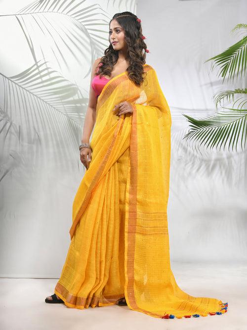 Yellow Linen Saree With Sequined Work In Stripes