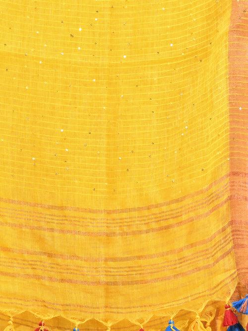 Yellow Linen Saree With Sequined Work In Stripes