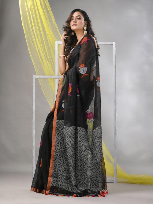 Black Linen Soft Saree With Bird Motifs