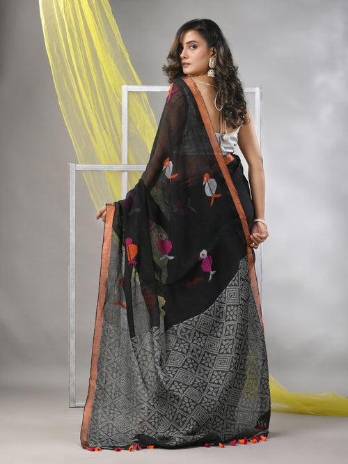 Black Linen Soft Saree With Bird Motifs