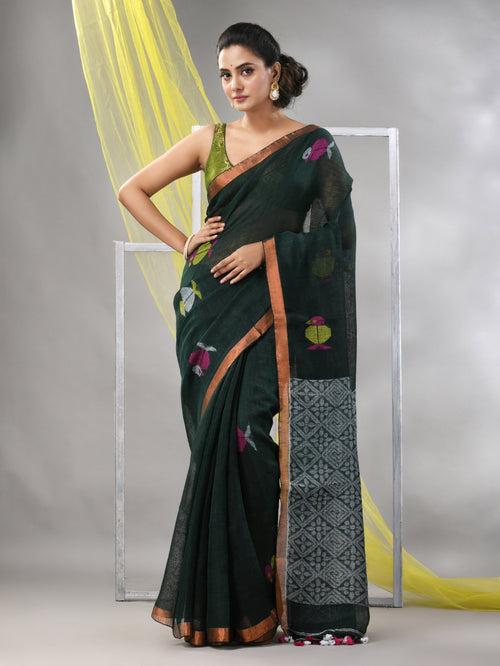 Bottle Green Linen Soft Saree With Bird Motifs