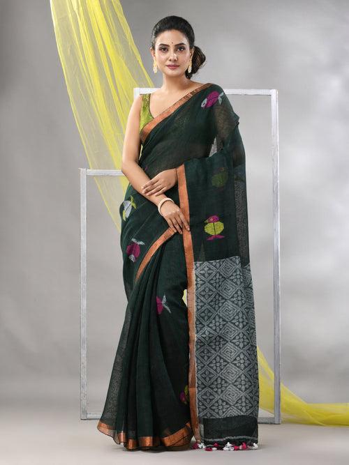 Bottle Green Linen Soft Saree With Bird Motifs