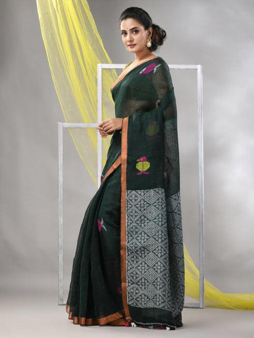 Bottle Green Linen Soft Saree With Bird Motifs