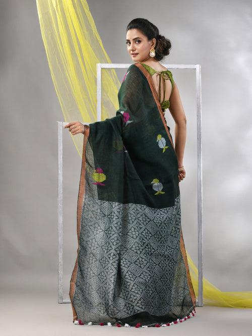 Bottle Green Linen Soft Saree With Bird Motifs