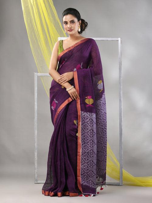 Purple Linen Soft Saree With Bird Motifs