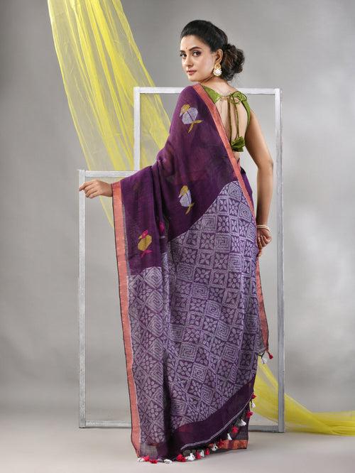 Purple Linen Soft Saree With Bird Motifs