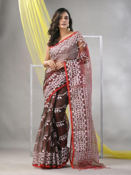 Maroon Muslin Saree With Jamdani Designs