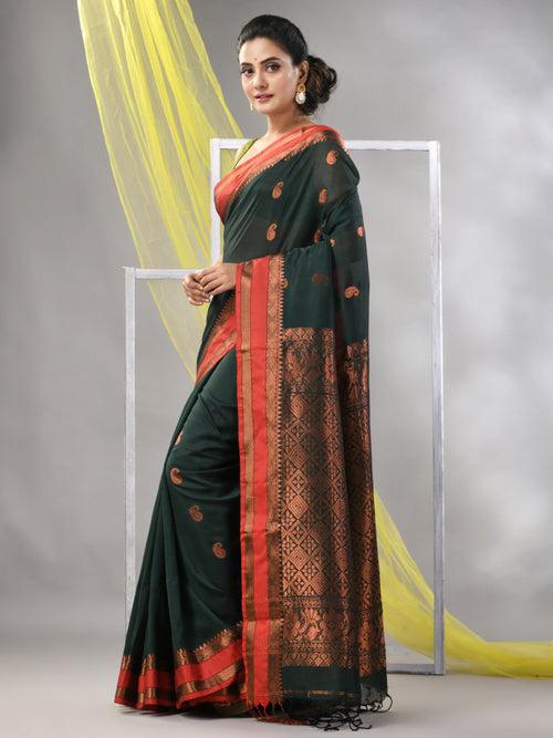 Bottle Green Silk Matka Soft Saree With Paisley Motifs