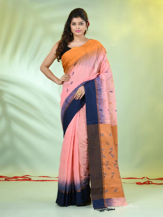 Peach Cotton Ikat Saree With Ganga Jamuna Border