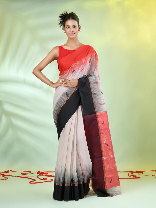 Ecru Cotton Ikat Saree With Ganga Jamuna Border