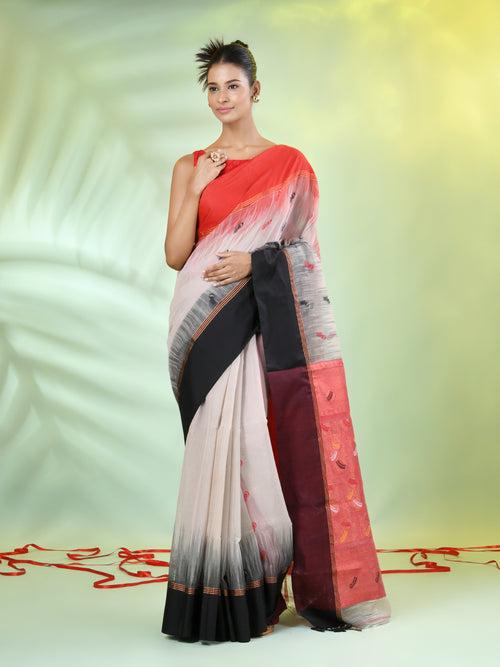 Ecru Cotton Ikat Saree With Ganga Jamuna Border