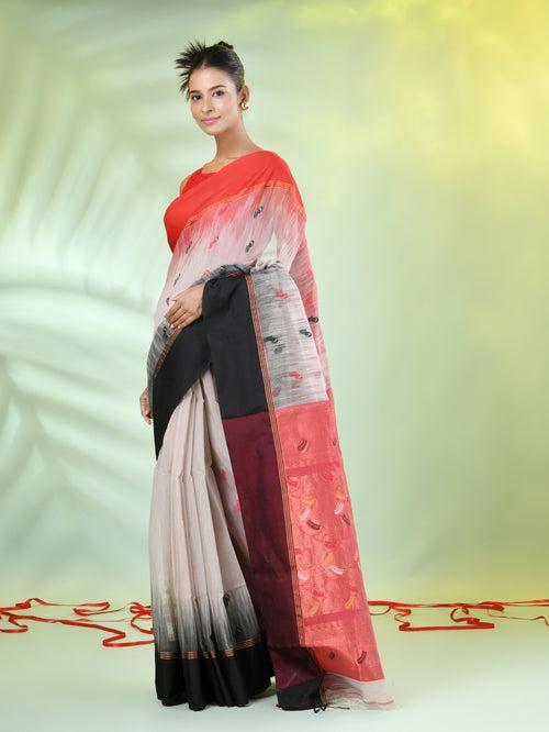 Ecru Cotton Ikat Saree With Ganga Jamuna Border