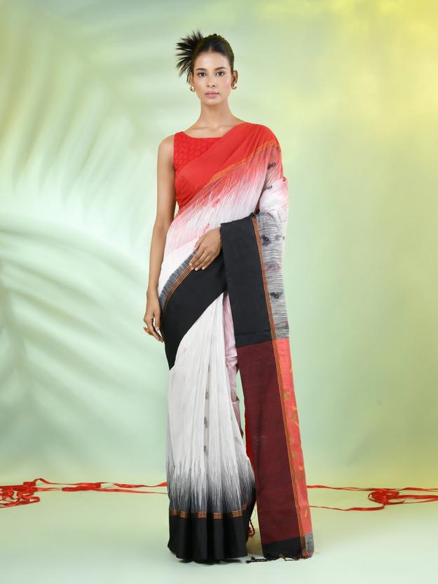 White Cotton Ikat Saree With Ganga Jamuna Border