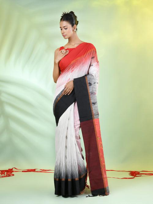 White Cotton Ikat Saree With Ganga Jamuna Border