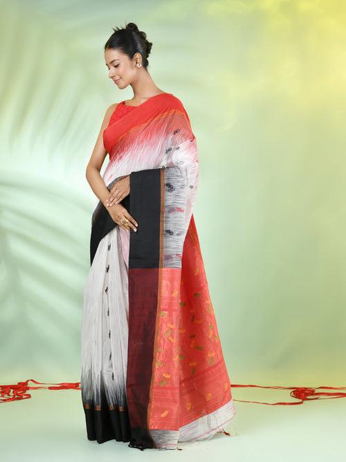 White Cotton Ikat Saree With Ganga Jamuna Border