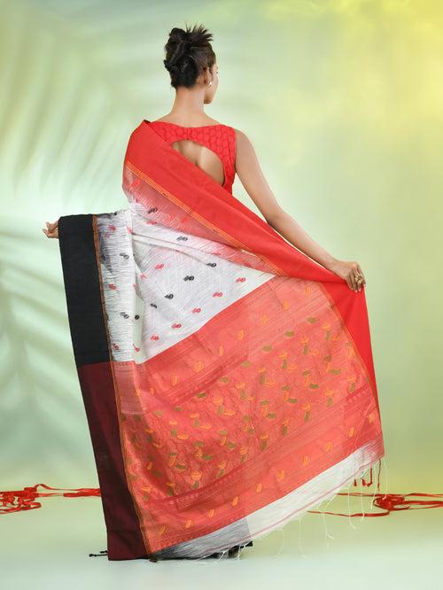 White Cotton Ikat Saree With Ganga Jamuna Border