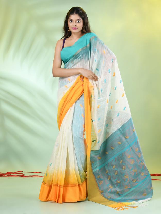 Off White Cotton Ikat Saree With Ganga Jamuna Border