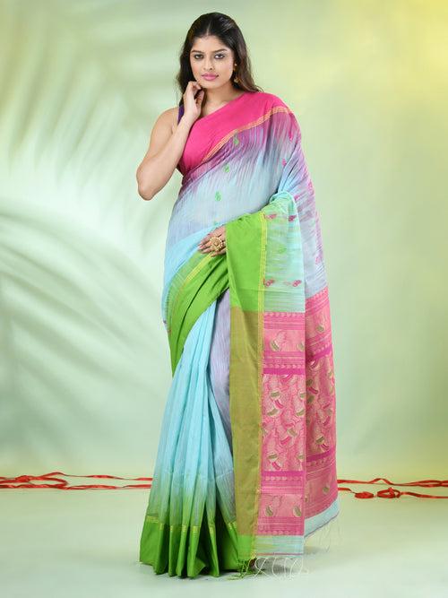 Sea Green Cotton Ikat Saree With Ganga Jamuna Border