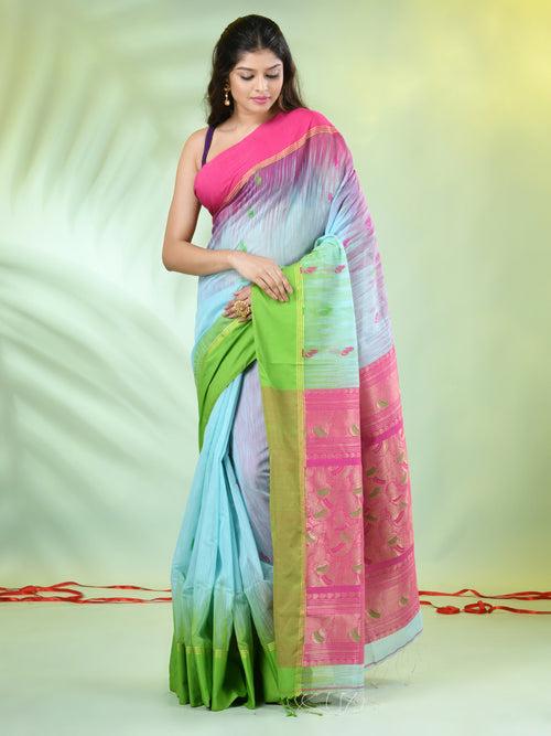 Sea Green Cotton Ikat Saree With Ganga Jamuna Border