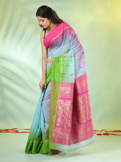 Sea Green Cotton Ikat Saree With Ganga Jamuna Border