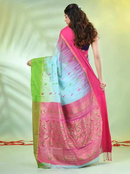 Sea Green Cotton Ikat Saree With Ganga Jamuna Border