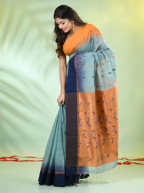 Mint Green Cotton Ikat Saree With Ganga Jamuna Border