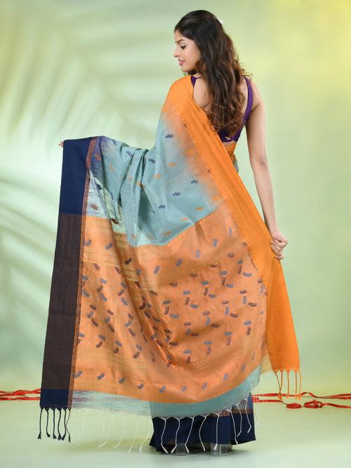 Mint Green Cotton Ikat Saree With Ganga Jamuna Border