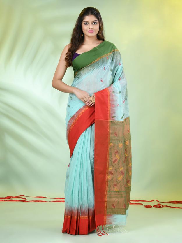 Sea Green Cotton Ikat Saree With Ganga Jamuna Border