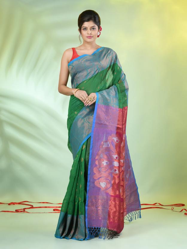 Green Cotton Saree With Nakshi Zari Borders