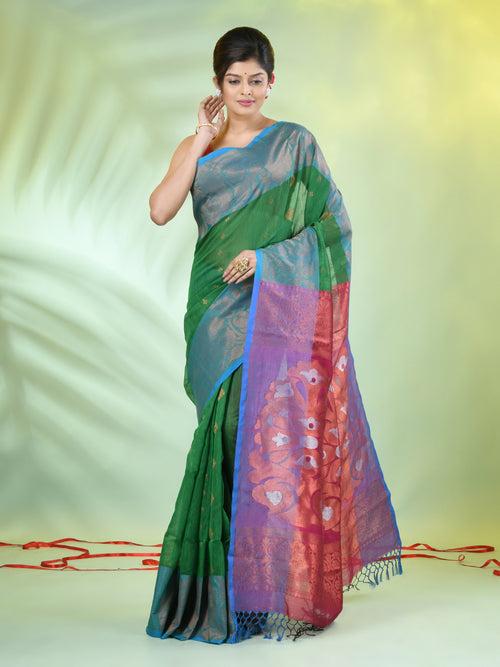 Green Cotton Saree With Nakshi Zari Borders