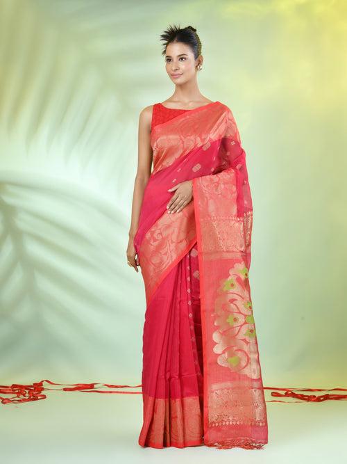 Hot Pink Cotton Saree With Nakshi Zari Borders