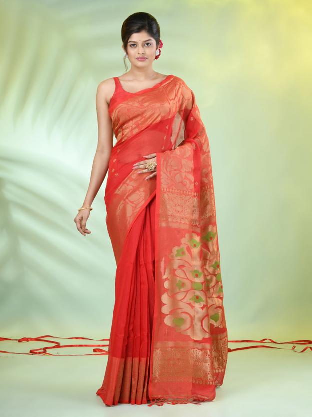 Red Cotton Saree With Nakshi Zari Borders