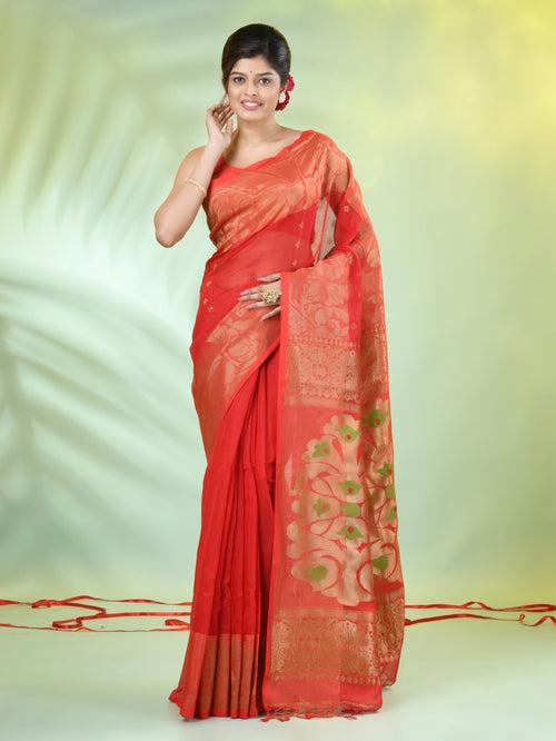 Red Cotton Saree With Nakshi Zari Borders