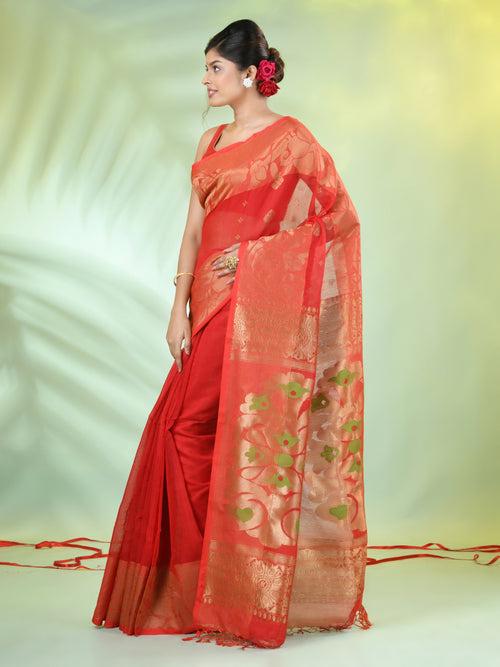 Red Cotton Saree With Nakshi Zari Borders