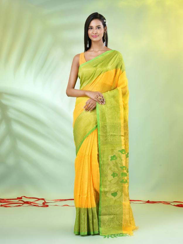 Yellow Cotton Saree With Nakshi Zari Borders