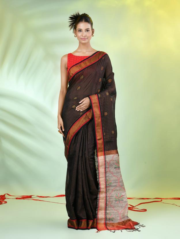 Black Cotton Saree With Jute Weaving Pallu