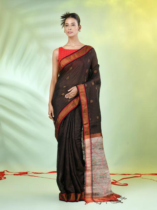 Black Cotton Saree With Jute Weaving Pallu