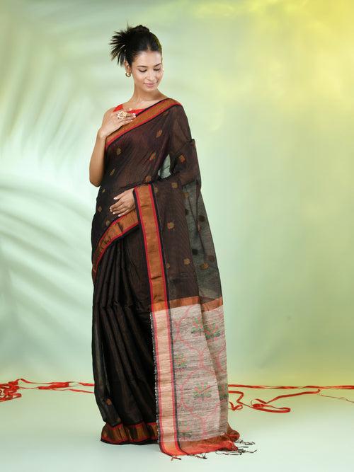 Black Cotton Saree With Jute Weaving Pallu