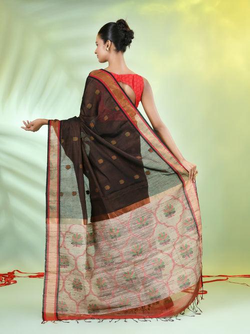 Black Cotton Saree With Jute Weaving Pallu