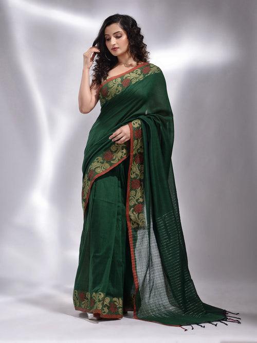 Green Cotton Handwoven Saree With Floral Border