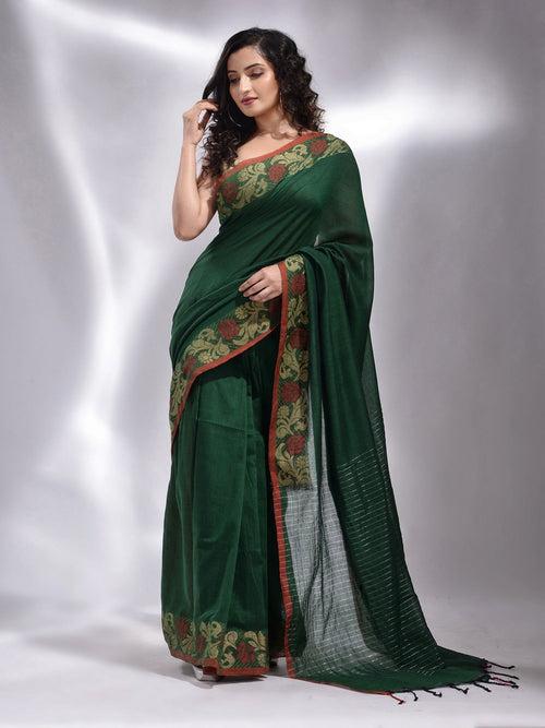 Green Cotton Handwoven Saree With Floral Border
