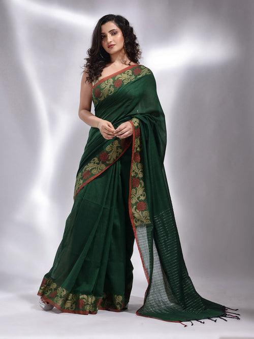 Green Cotton Handwoven Saree With Floral Border